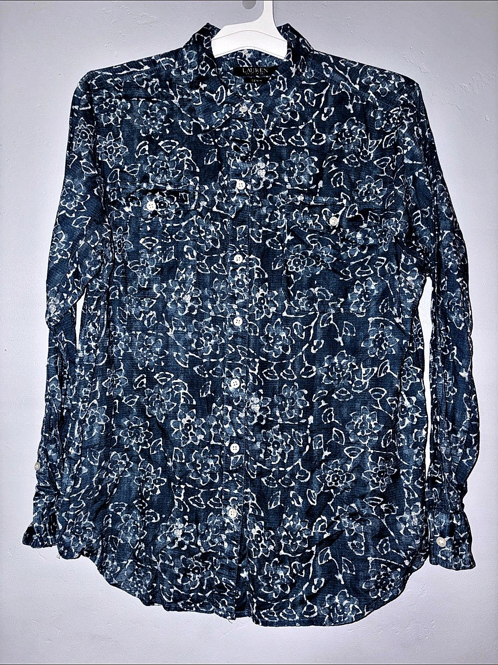 Lauren Ralph Lauren Denim Floral Shirt Blue White 100% Cotton Large